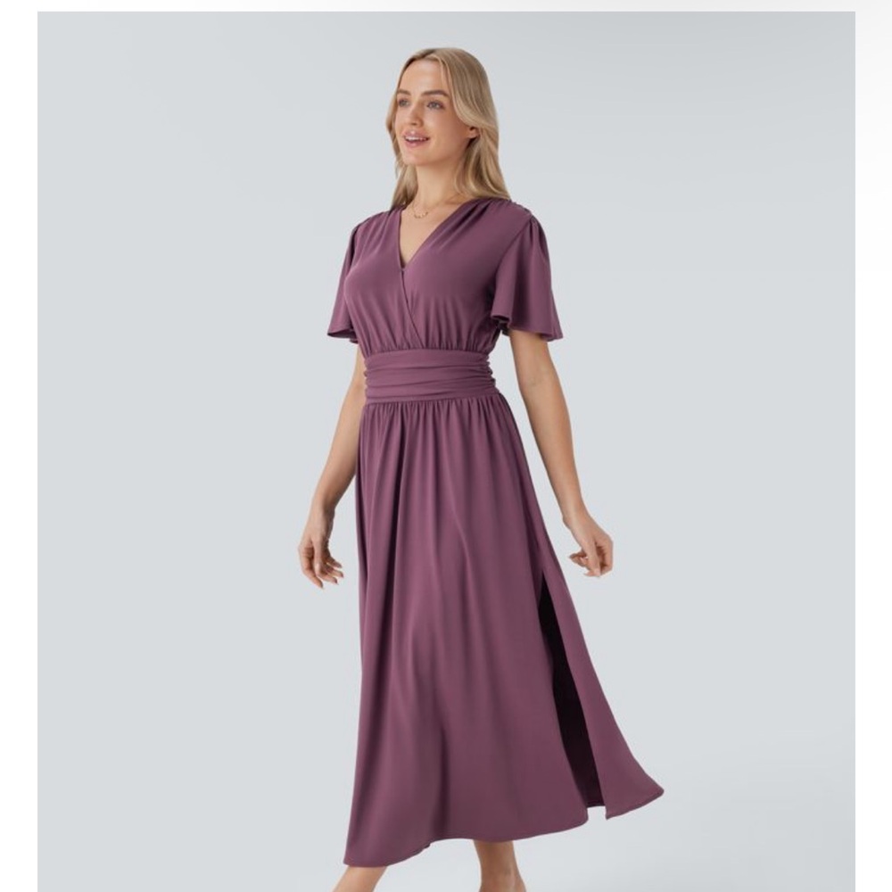 HALARA NWT V Neck Short Sleeve Draped Flowy Midi Dress